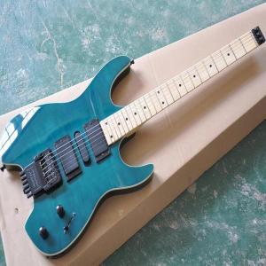블루 헤드리스 일렉트릭 기타, 플레임 메이플 베니어, 맞춤형 로고 및 색상 사용 가능, 24 프렛, 2 가지 스