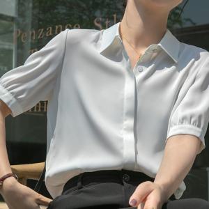 여름 실크 새틴 정장 반팔 블라우스 여성 셔츠 남방 셔링 하늘색 브라우스 티 면접 예쁜 하객 룩 오피스