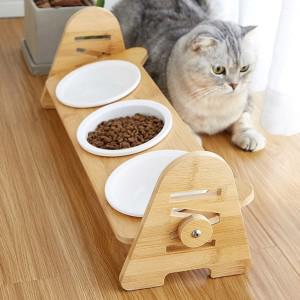 높이조절 강아지 고양이 밥그릇 물그릇 반려동물 대나무 원목 도자기 3구 경사 식기세트