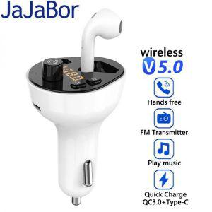JaJaBor FM 송신기 핸즈프리 자동차 키트 블루투스 5.0 헤드셋 TWS 이 폰 MP3 플레이 소음 차단 헤드폰 충