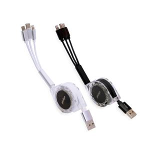 USB 충전 데이터 멀티 케이블 3in1 C타입 + 8핀 + 마이크로5핀 고속 2A 선정리 자동 줄감김 릴케이블