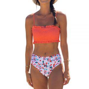 Beachsissi Womens Floral Swimsuits Smocked Stringy Selvedge Bikini Set Salmon XL