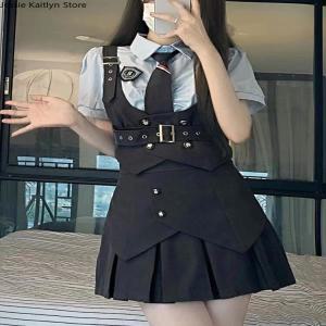 일본 귀여운 JK 여고생 유니폼, 한국 패션, 치어리더 2023 가을 미니 조끼 및 플리츠 셔츠 세트