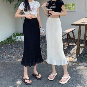 에퀴르 여성 여름 h라인 쉬폰 플리츠 슬림핏 데일리 롱스커트