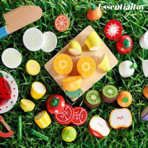 [신세계몰]에센셜토이 원목 주방놀이 야채 과일 자르기 장난감 소품 세트 (내장 자석) 소꿉놀이