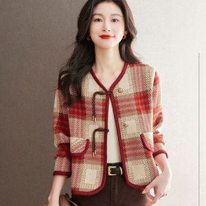 EAMT 여자재킷 트위드 봄가을 노카라 체크 패턴 쇼트 니트 외투 코트 YONG3_MC