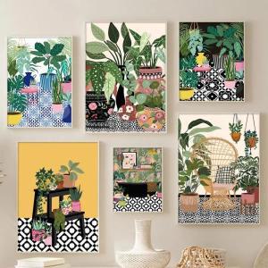 피포페인팅 북유럽 그리스 타일 식물 아트 포스터, 보호 녹색 잎 장식 그림, 현대 벽 캔버스 페인팅, 집