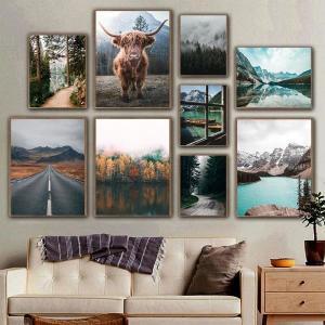 북유럽 자연 풍경 캔버스 프린트 포스터, 동물 암소 호수 설산 숲 벽 예술 그림 장식, 프레임 없음