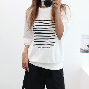 여성 호리즌 반팔 맨투맨 티 라운드 면티 여름 프린팅 흰색 티셔츠