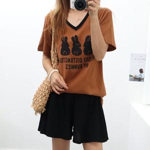 여성 세마리 브이넥 반팔 티 여름 면티 루즈핏 프린팅 티셔츠
