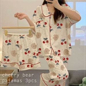 체리 베어 패턴 포인트 반바지 + 긴바지 + 반팔셔츠 3pcs 잠옷 체리곰3pcs