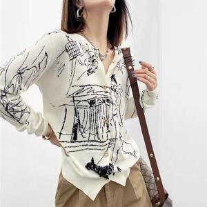 낙서 디지털 자카드 파인 모조 패션 양모 니트 카디건 여성 22 봄 가을 얇은 루스 자켓 트렌디 한 스웨터