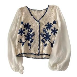 여성 캐주얼 v넥 버튼 다운 크롭트 가디건 퍼프 긴 소매 우아한 자수 꽃 재킷, 커버 업 블라우스