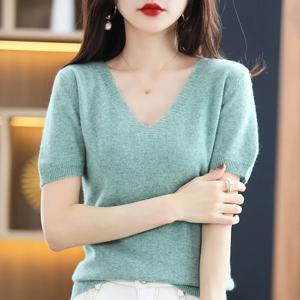 봄 여름 여성 스웨터 니트 티셔츠, v넥 반팔 니트웨어, 한국 패션 풀오버, 단색 보터밍 셔츠 점퍼