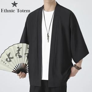 남성용 일본 가디건, 흰색 망토, 해변 셔츠, 하오리, 사무라이 의류, 블랙 기모노, 여름