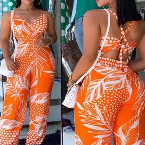 2023 Woman Long Jumpsuits Elegant Sexy Tropical Print New Fashion Spaghetti Strap Jumpsuit Casual Female Clothing Outfits Summer