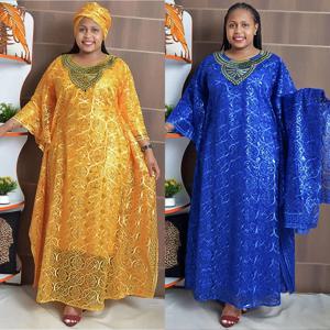 아프리카 의류 다시키 아프리카 여성용 드레스 봄 여름 아프리카 여성 블루 옐로우 o-넥 롱 드레스 이너 및 헤드타이