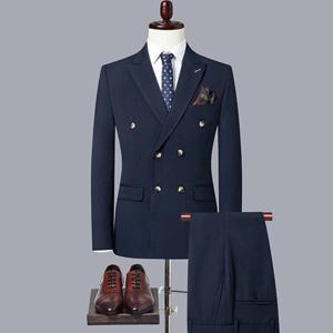 2023 남성 캐주얼 부티크 더블 브레스트 비즈니스 정장 재킷 바지 바지, 블레이저 코트, 단색, 2 개 세트, 패션 신제품