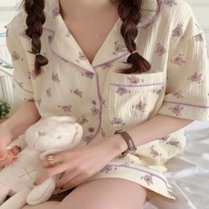 한국 소녀 귀여운 토끼 잠옷 여성 여름 반팔 반바지 얇은 달콤한 캐주얼 홈웨어 세트
