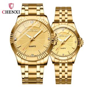 CHENXI 브랜드 럭셔리 골드 원피스 커플 시계, 스테인레스 스틸 방수, 독특한 황금 여자 비즈니스 쿼츠 손목시계, 050A