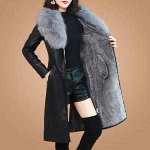 WTEMPO 여성용 대형 모피 칼라 가죽 재킷, 플러시 두꺼운 중간 길이, 한국 슬리밍 허리 클로징 가죽 재킷, 겨울