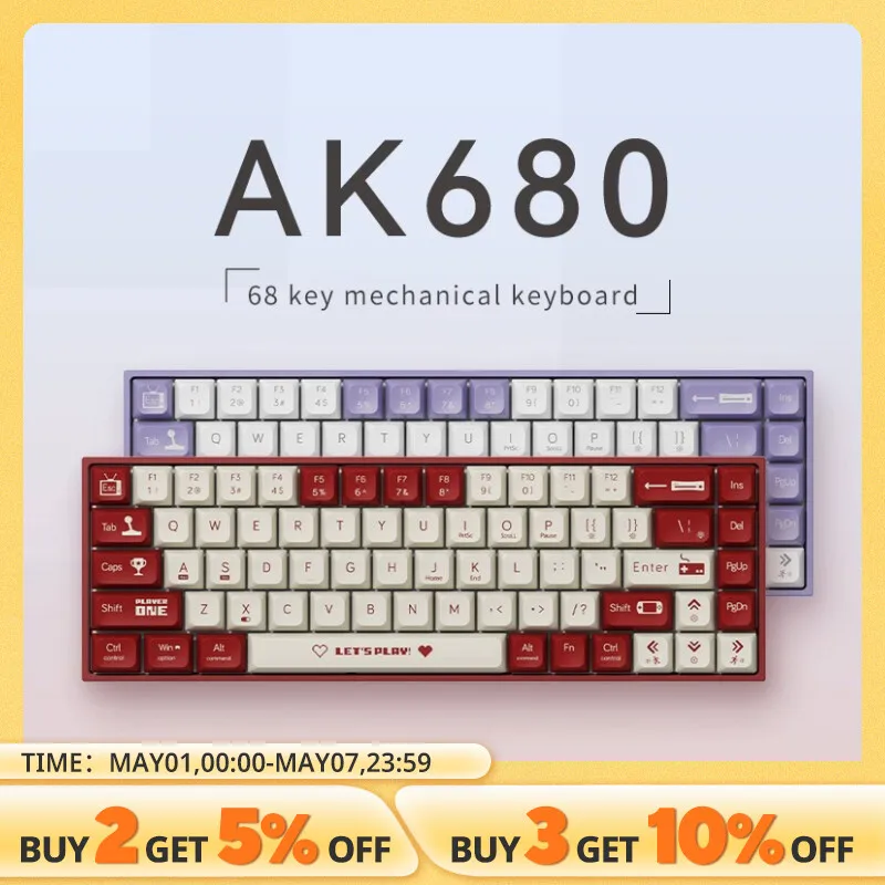 AJAZZ 기계식 키보드 게임용 유선 컴팩트 노트북, 차 또는 빨간색 샤프트, 68 키, AK680
