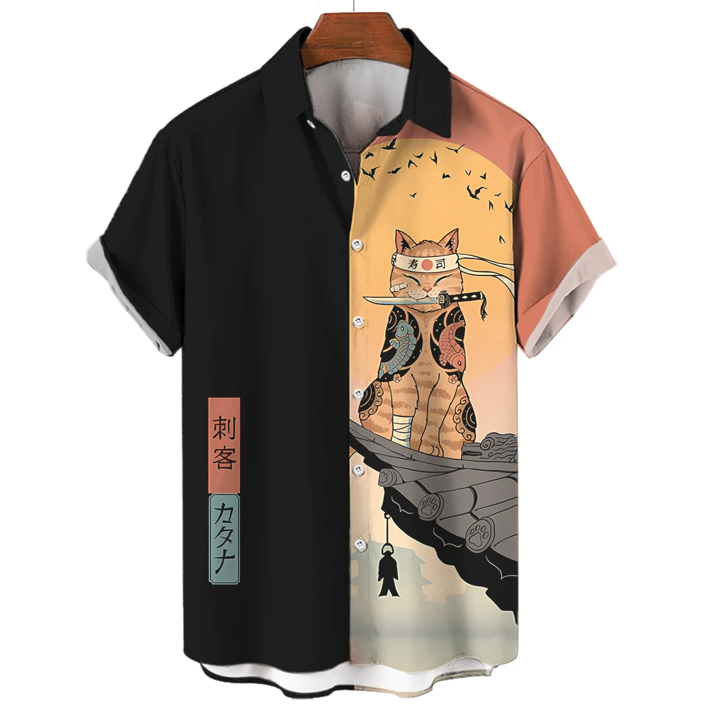 남성용 캐주얼 하와이안 셔츠, 일본 부시도 3D 패턴 셔츠, 만화 동물 고양이 3D 인쇄 셔츠, 남성 의류