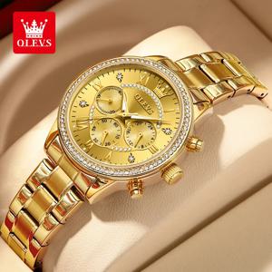 OLEVS 여성용 럭셔리 다이아몬드 다이얼 쿼츠 시계, 골드 스테인레스 스틸, 방수 클래식 3 개의 작은 다이얼, 여성용 시계, 신제품