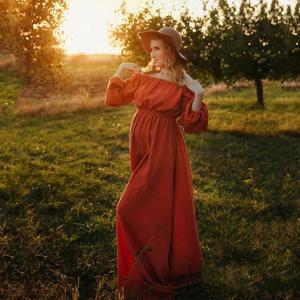보헤미안 임산부 사진 촬영 드레스, 편안한 린넨 코튼 원숄더 드레스, 보호 스타일 베이비 샤워 드레스