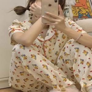 한국 스타일, 귀여운 사과 곰 잠옷 여성 여름 인터넷 유명 인사 소녀 짧은 소매 바지 얇은 홈웨어 세트