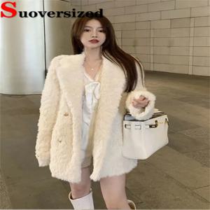 여성용 두꺼운 인조 모피 재킷, 한국 모조 램스울 따뜻한 코트, 빈티지 루즈 자케타 패션, 럭셔리 모피 오버코트, 겨울 신상