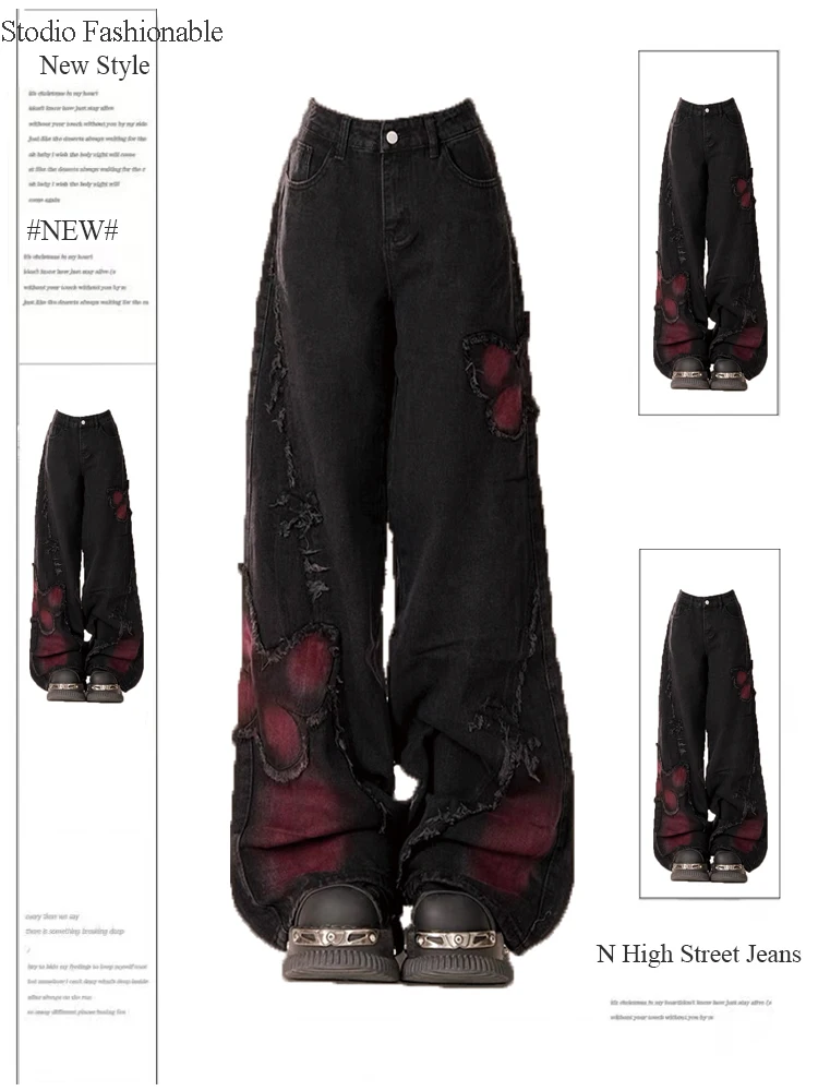 여성용 블랙 고딕 배기 청바지, 하라주쿠 Y2k 미적 나비 데님 바지, 한국 진 바지, 빈티지 2000 년대 쓰레기 옷