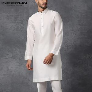 INCERUN-남성 이슬람 셔츠 스탠드 칼라 긴 소매 이슬람 아랍 Kaftan 단색 스트리트 웨어 캐주얼 롱 셔츠, 남성 의류 5XL