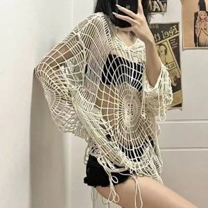 Lucyever Y2K 할로우 니트 후드 탑, 여성 고스 스파이더 웹 스파이스 걸 메쉬 풀오버, 한국 패션, 낚시 그물 스웨터