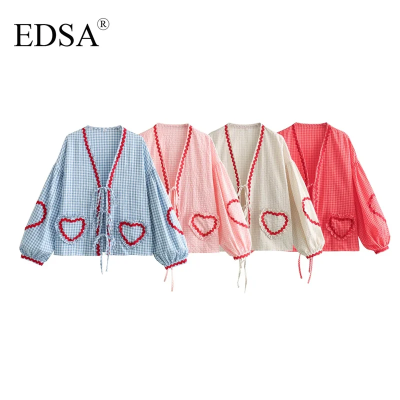 EDSA 여성용 우아한 격자 무늬 셔츠, 레이스업 긴 퍼프 소매, V넥 러브 프린트, 여성 블라우스, 시크한 부드러운 상의, 여름