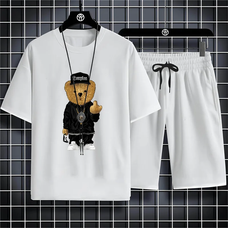 3D 프린트 인형 곰 그래픽 티셔츠 반바지 투피스 세트, 통기성 O-넥 반팔 세트, 패셔너블 스트리트 의류, 여름