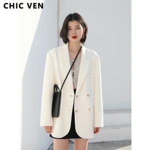 CHIC VEN 2021 여성용 긴팔 블레이저, 더블 브레스트, 중간 길이 캐주얼 코트, 여성 아우터, 세련된 상의, 오피스 레이디 패션