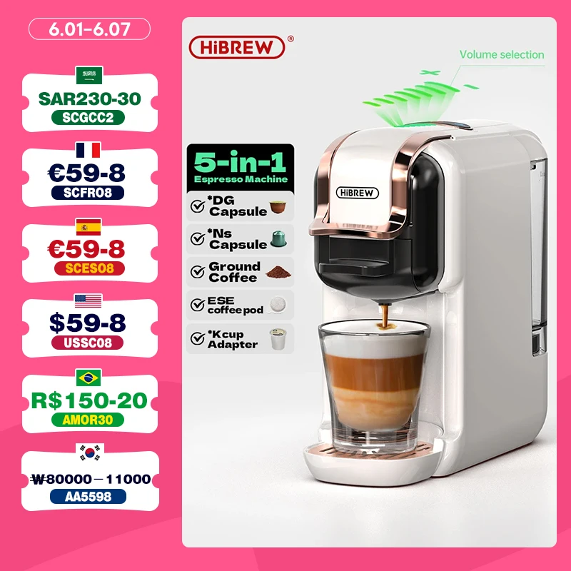 HiBREW 5 in 1 멀티 캡슐 커피 머신, 핫/콜드 DG 카푸치노 Nes 소형 캡슐, ESE 포드 그라운드 커피 카페테리아, 19Bar H2B