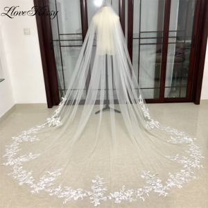 1 Tier Bridal Veil Long Wedding Veil With Comb Lace Edge Floral Appliques White Ivory Elegant Cathedral Veil for Bride 300cm