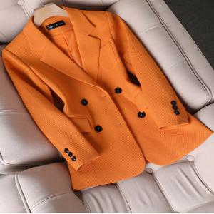 체크 무늬 싱글 브레스트 정장 블레이저 자켓 코트 여성용, 오렌지, 블랙, 그린, 긴팔, 가을 겨울