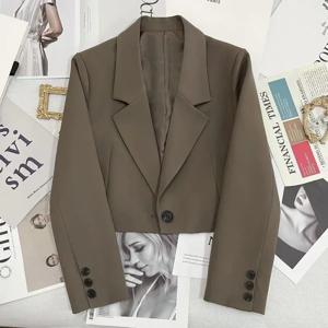 새로운 한국 패션 크롭 블레이저 재킷 여성용, 긴 소매 오피스 레이디 스트리트웨어 단색 싱글 버튼 짧은 정장 코트