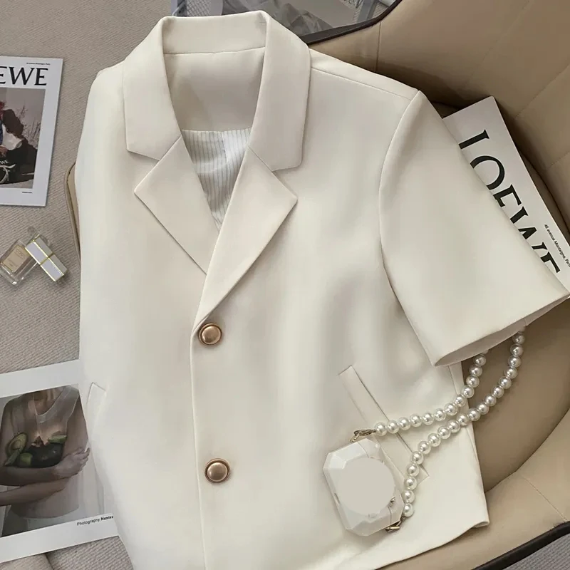 Lucyever 여성용 여름 반바지 소매 재킷, 한국 패션, 노치 넥, 사무실 작업 블레이저, 캐주얼 심플 정장 재킷