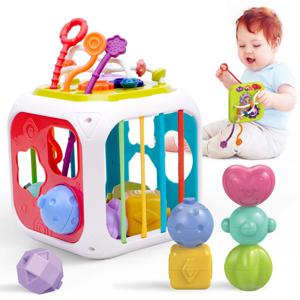 아기 몬테소리 감각 장난감 당기기 끈 모양 분류기 상자 쌓기 블록 활동 큐브 장난감, 6-12, 18 개월 아기 장난감