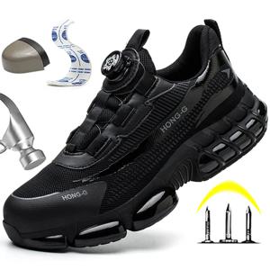 남성용 회전 단추 안전 신발 보호 스니커즈, 강철 발가락 캡, 충돌 방지 작업 신발, 파괴 불가 부츠, 패션