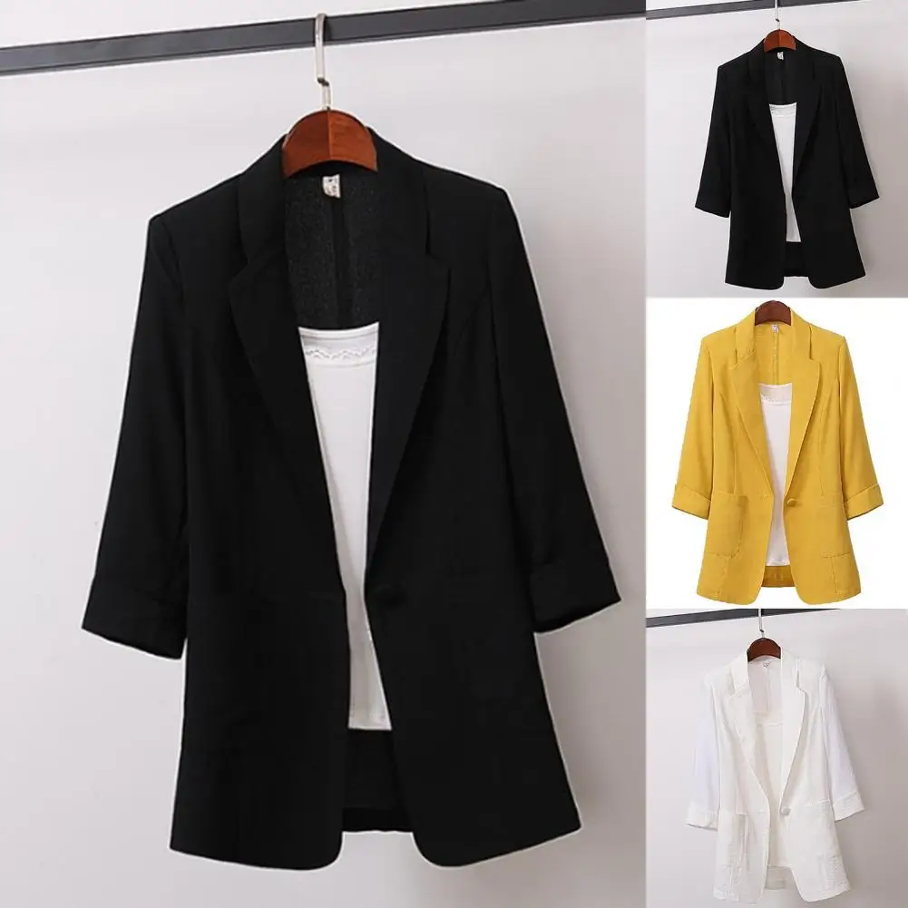 기본 코튼 린넨 싱글 단추 여성 재킷, 정장 블레이저, 캐주얼 숏 재킷 코트, 여름 2023, 한국 패션