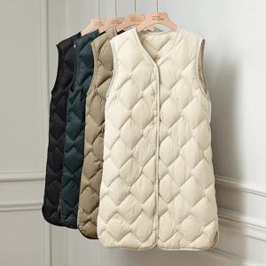 여성용 X-롱 화이트 덕다운 따뜻한 민소매 재킷, 한국 V넥 캐주얼 조끼 코트, 2023 신상, 가을 겨울
