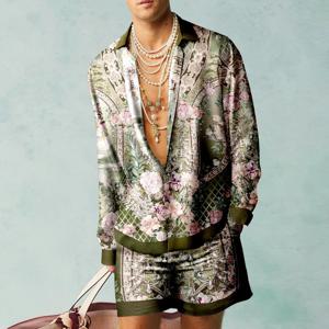 남성용 3D 프린트 식물 패턴 셔츠 세트, 캐주얼 패션 셔츠, 오버사이즈 비치 반바지, 여름 스트리트웨어, 하와이 정장 의류
