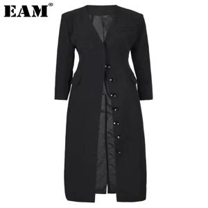 [EAM] 여성용 블랙 단추 우아한 롱 블레이저, V넥 긴팔 루즈핏 재킷, 패션 타이드 용수철, 가을 2024, 7AB1239, 신상