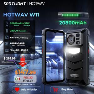 HOTWAV W11 러기드 휴대폰, 20800mAh, 280LM 손전등, 6.6 인치 FHD + 스마트폰, 33W, 24MP 야간 투시경, 월드 프리미어