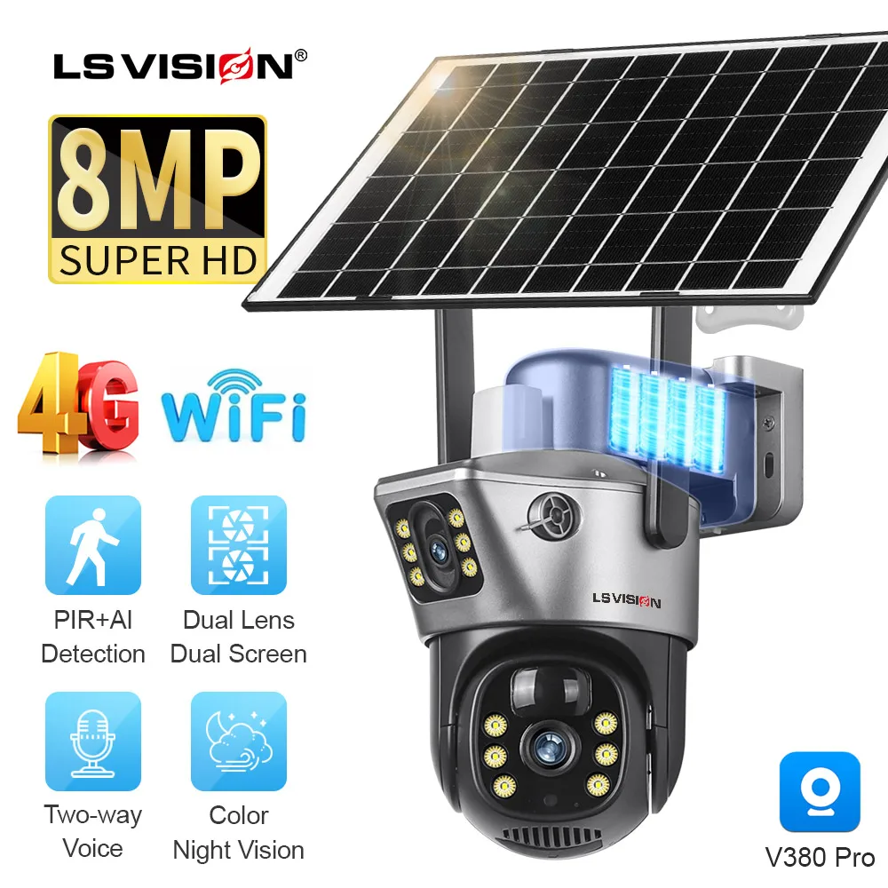 LS VISION 듀얼 스크린 태양광 카메라, 4K 와이파이 PTZ 듀얼 렌즈, 인간 자동 추적, 방수 보안 카메라, 8MP 4G SIM 카드